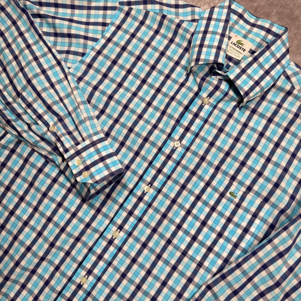 Lacoste Mens Blue Check Button Down Shirt Size 42 Long Sleeve Logo Pocket
